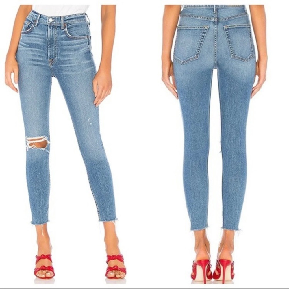 GRLFRND Kendall high rise distressed raw hem jeans, Amelia wash, 28